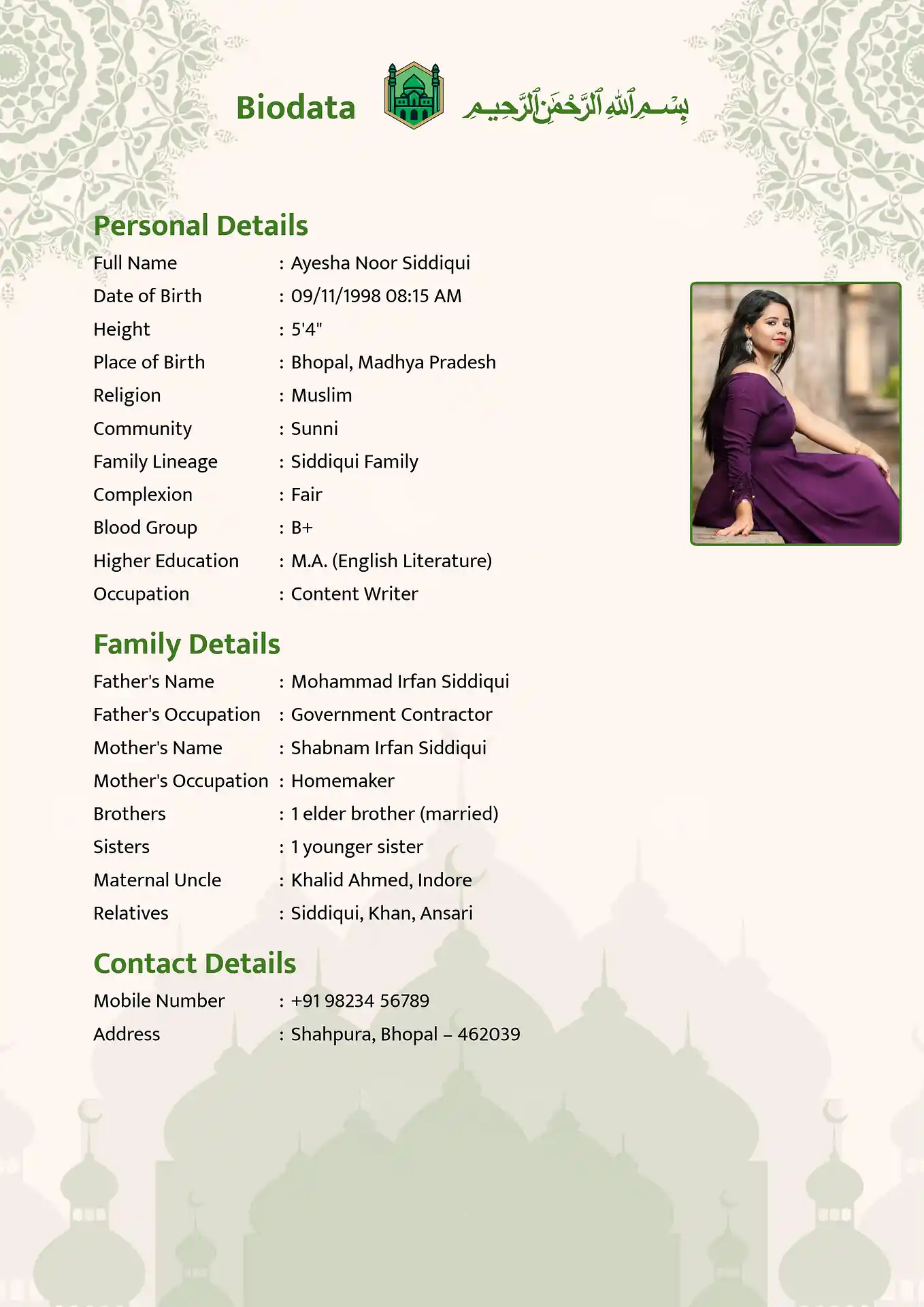 Green 1 biodata template